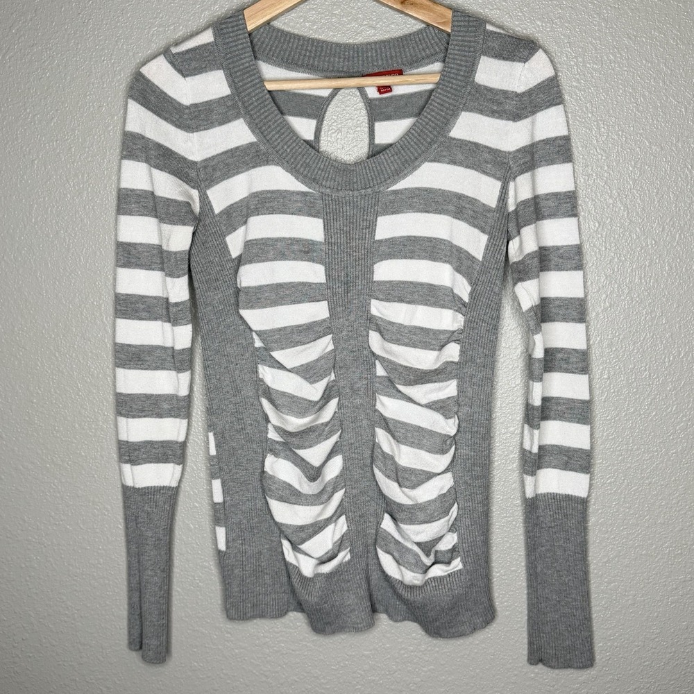 VTG BONGO Y2K Ruched Striped Knit Top Gray White Keyhole Back Bodycon Sweater M